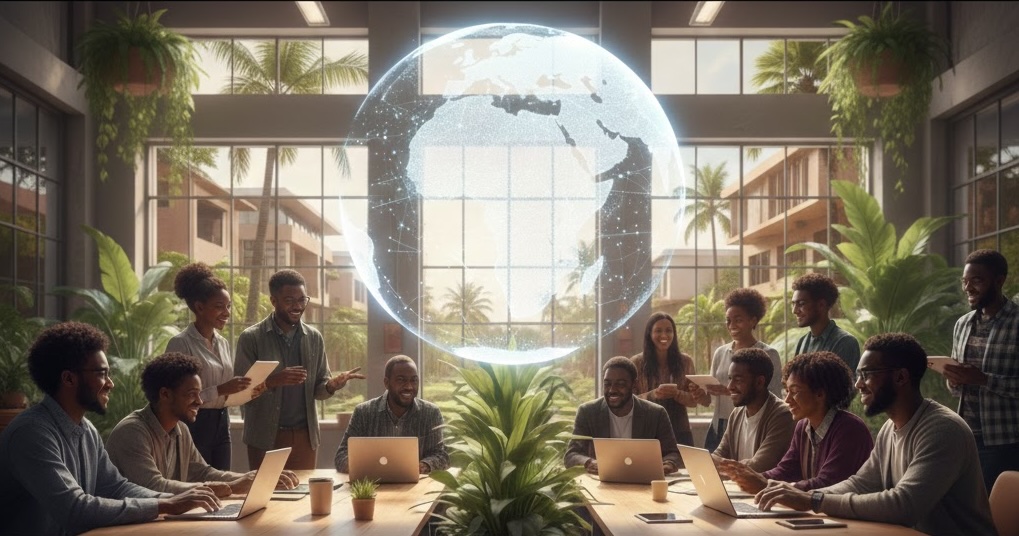 Professionals collaborating in a modern office